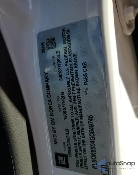 2016 Chevrolet Spark Ev 1Lt из США, поврежденный, VIN KL8CK6S04GC649745